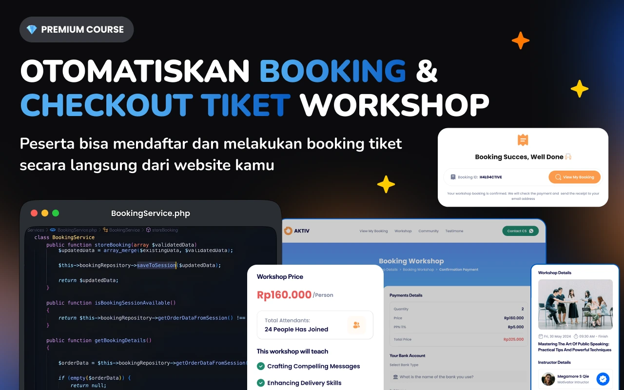 Foto kelas Laravel 11, Service Repository, Filament: Web Event and Workshop Ticket